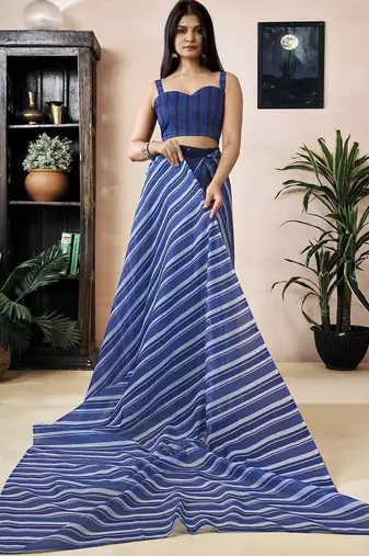 Blue striped printed ready to wear saree