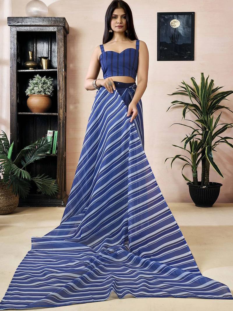 Blue striped printed ready to wear saree