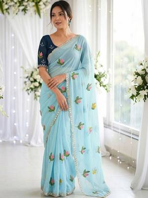 Blue woven design mirror work georgette saree 1