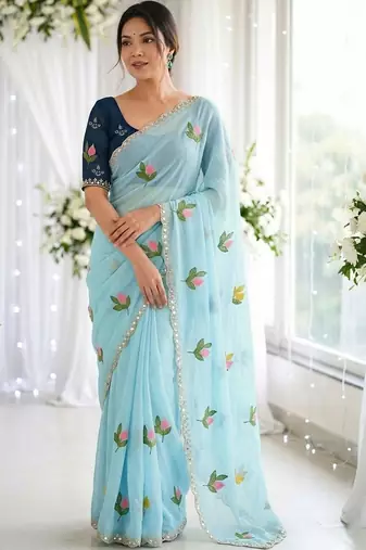 Blue woven design mirror work georgette saree