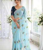Blue woven design mirror work georgette saree