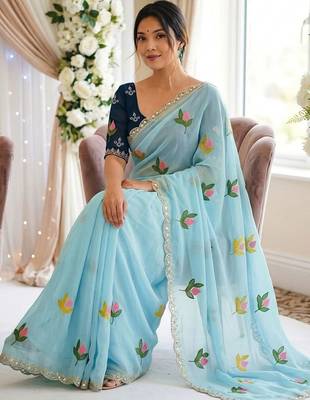 Blue woven design mirror work georgette saree 2
