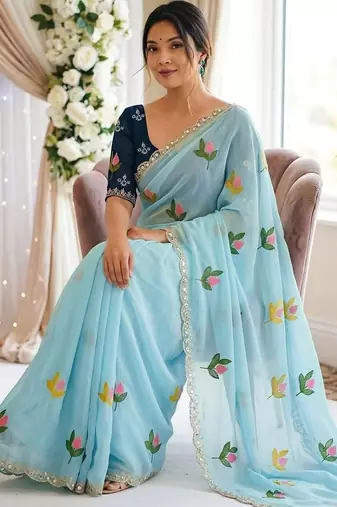 Blue woven design mirror work georgette saree