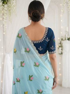 Blue woven design mirror work georgette saree 3
