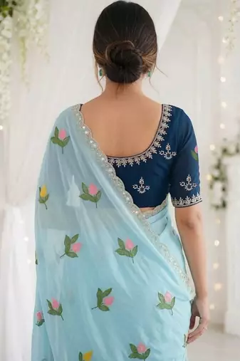 Blue woven design mirror work georgette saree