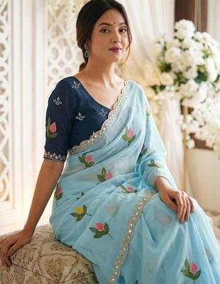 Blue woven design mirror work georgette saree 4