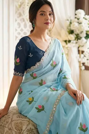 Blue woven design mirror work georgette saree