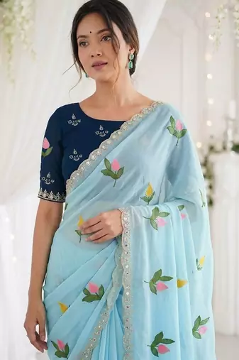Blue woven design mirror work georgette saree