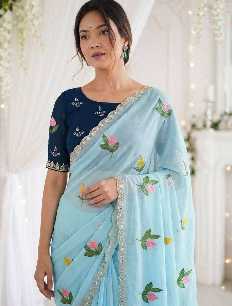 Blue woven design mirror work georgette saree