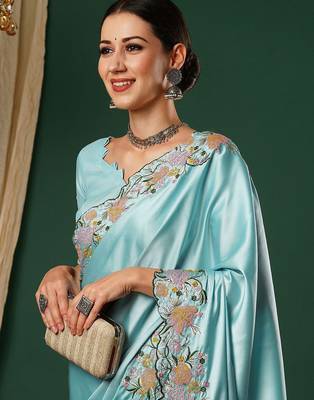 Blue embroidered satin saree 1