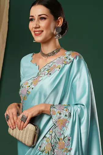 Blue embroidered satin saree