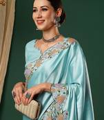 Blue embroidered satin saree