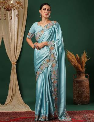 Blue embroidered satin saree 2