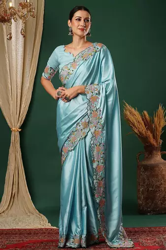 Blue embroidered satin saree