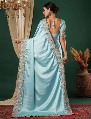 Blue embroidered satin saree 3