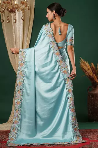 Blue embroidered satin saree