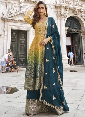 Yellow and teal green embroiderd jacquard silk sharara suit 1