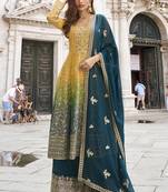 Yellow and teal green embroiderd jacquard silk sharara suit