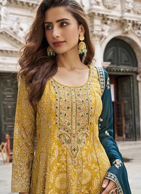 Yellow and teal green embroiderd jacquard silk sharara suit 2