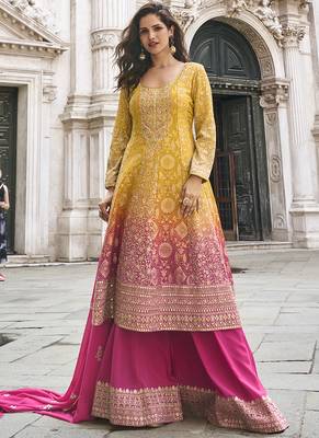 Yellow and pink embroiderd jacquard silk sharara suit 1