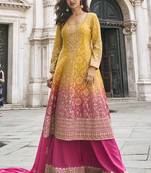 Yellow and pink embroiderd jacquard silk sharara suit