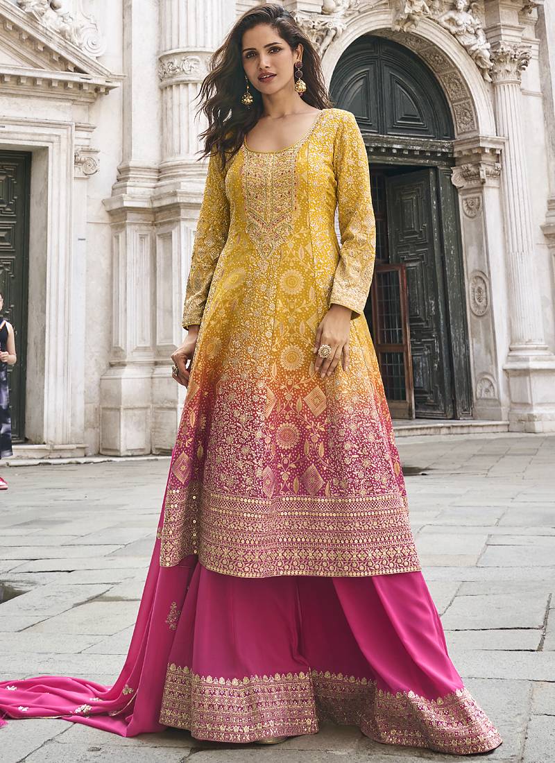 Yellow and pink embroiderd jacquard silk sharara suit