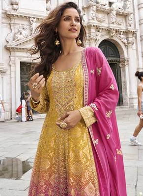 Yellow and pink embroiderd jacquard silk sharara suit 2