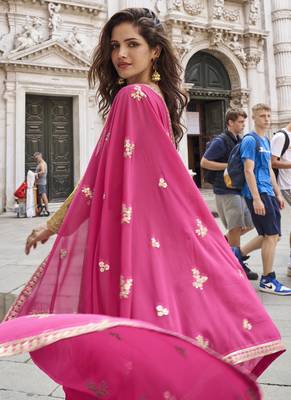 Yellow and pink embroiderd jacquard silk sharara suit 3