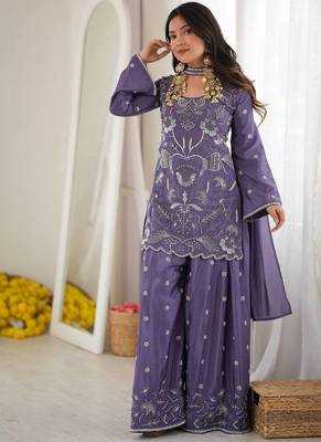 designer chinon silk party wear palazzo suit 1