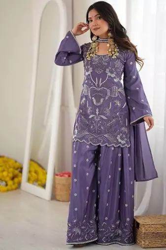 designer chinon silk party wear palazzo suit