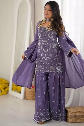 designer chinon silk party wear palazzo suit