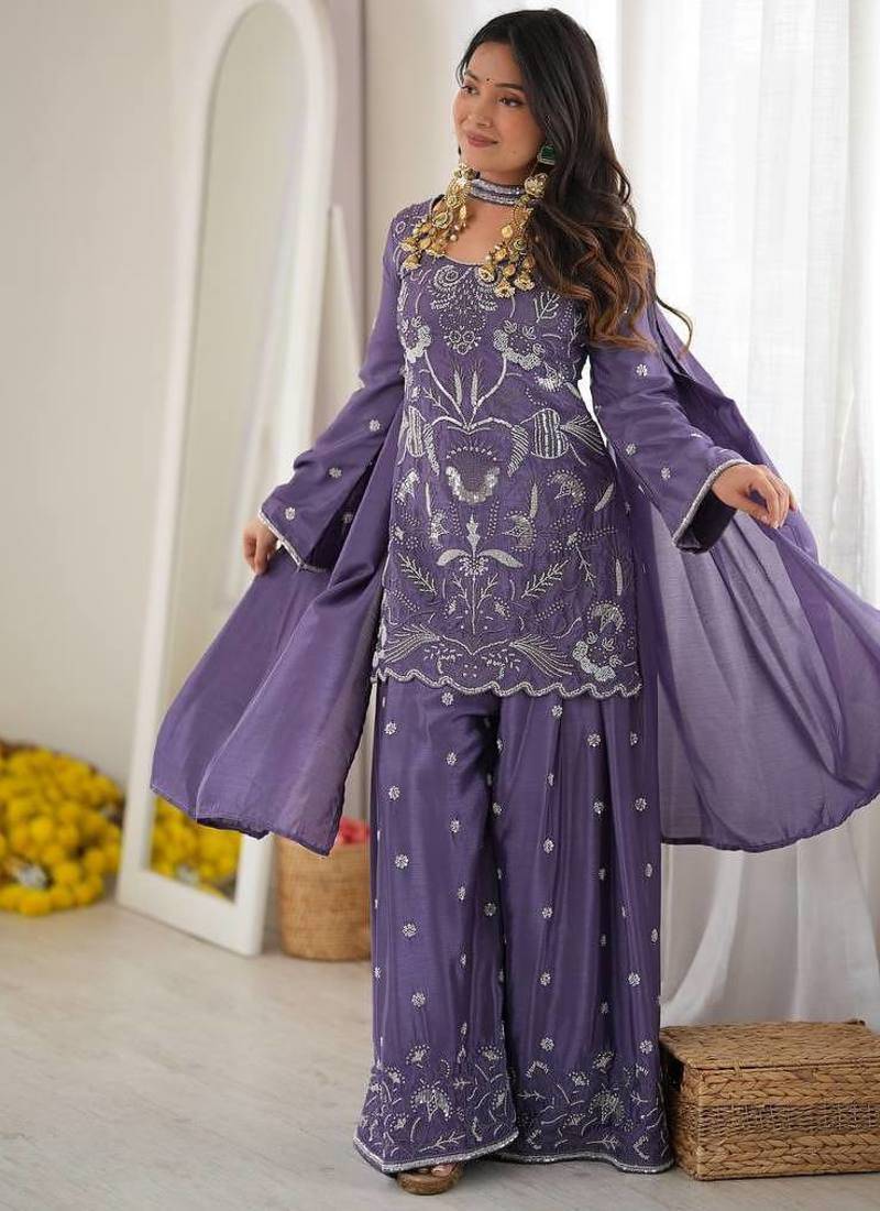 designer chinon silk party wear palazzo suit