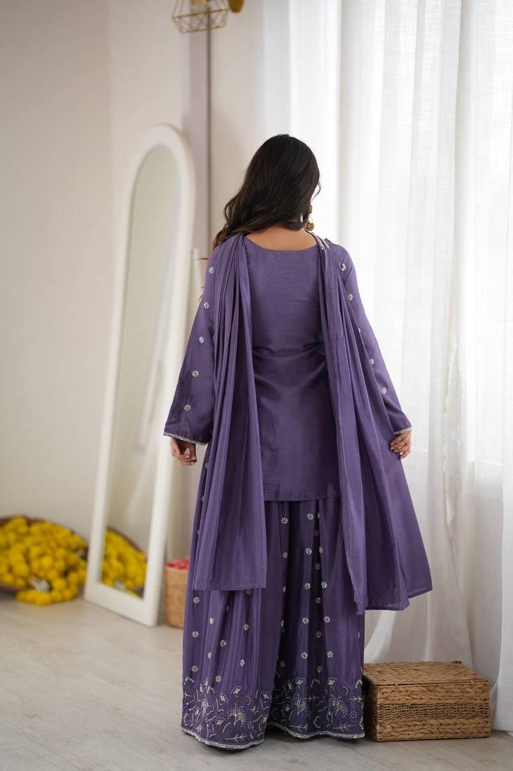 designer chinon silk party wear palazzo suit