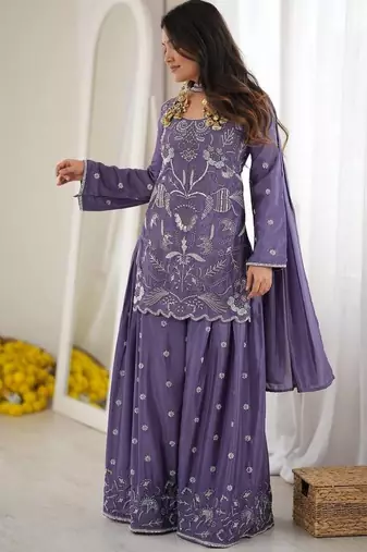 designer chinon silk party wear palazzo suit