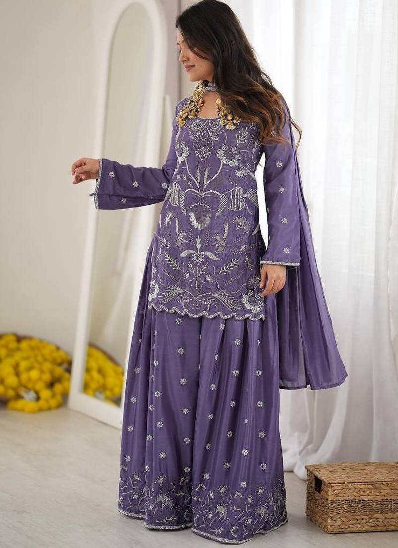 designer chinon silk party wear palazzo suit