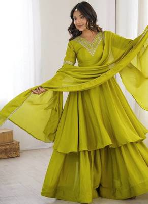 designer chinon silk party wear palazzo suit 1