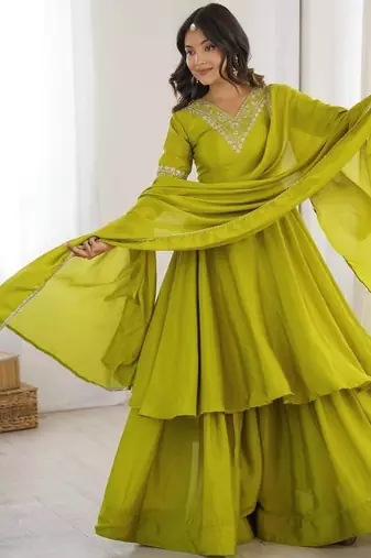 designer chinon silk party wear palazzo suit