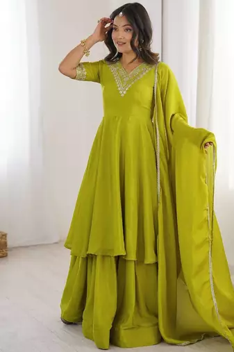 designer chinon silk party wear palazzo suit