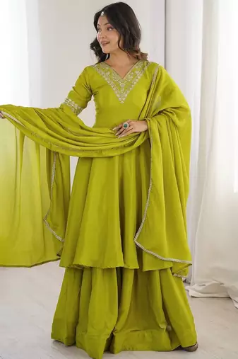 designer chinon silk party wear palazzo suit