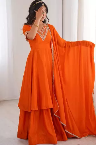 designer chinon silk party wear palazzo suit