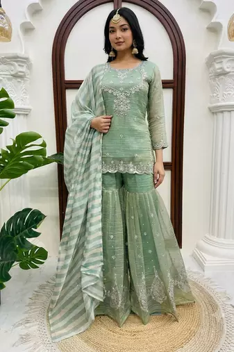 designer thread with sequence work sharara suit