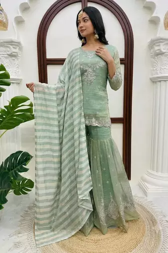 designer thread with sequence work sharara suit