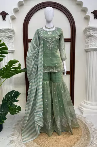 designer thread with sequence work sharara suit