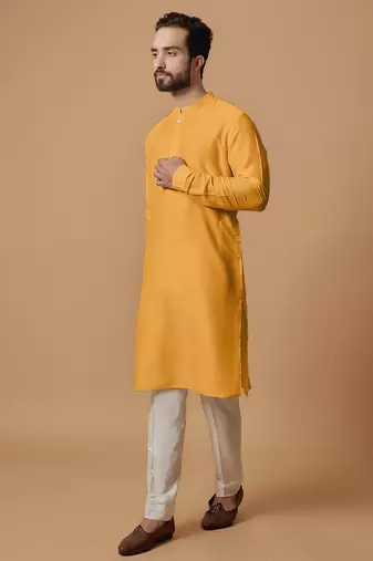 Elegant mustard yellow cotton men's kurta with cream pants