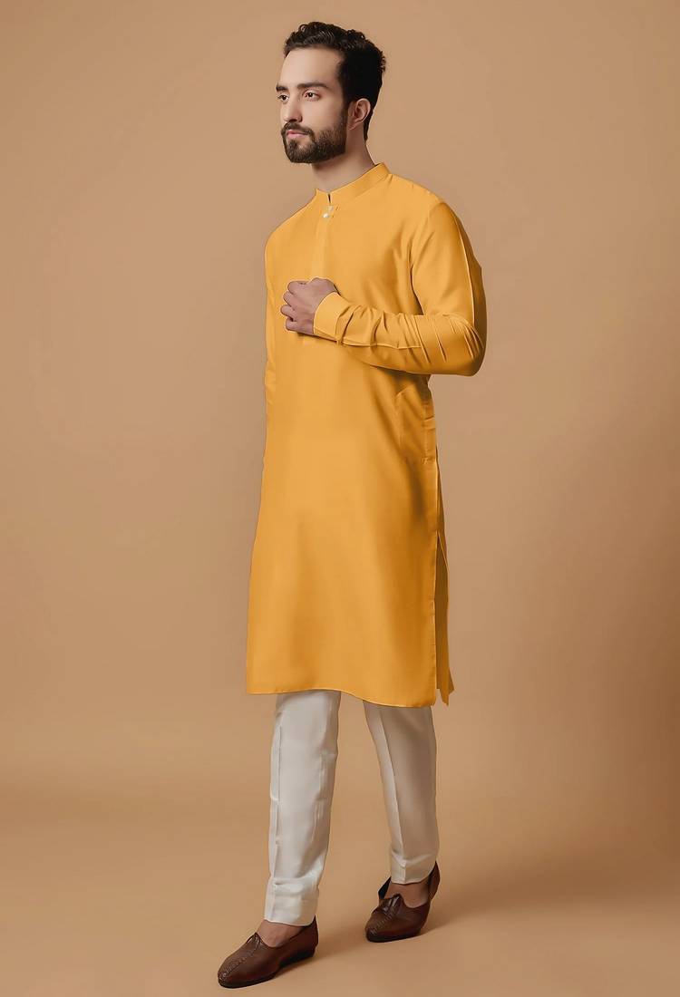 Elegant mustard yellow cotton men's kurta with cream pants