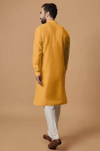 Elegant mustard yellow cotton men's kurta with cream pants