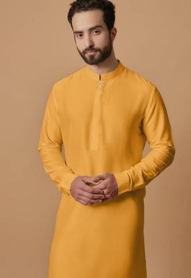 Elegant mustard yellow cotton men's kurta with cream pants 4