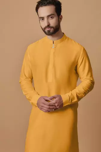 Elegant mustard yellow cotton men's kurta with cream pants