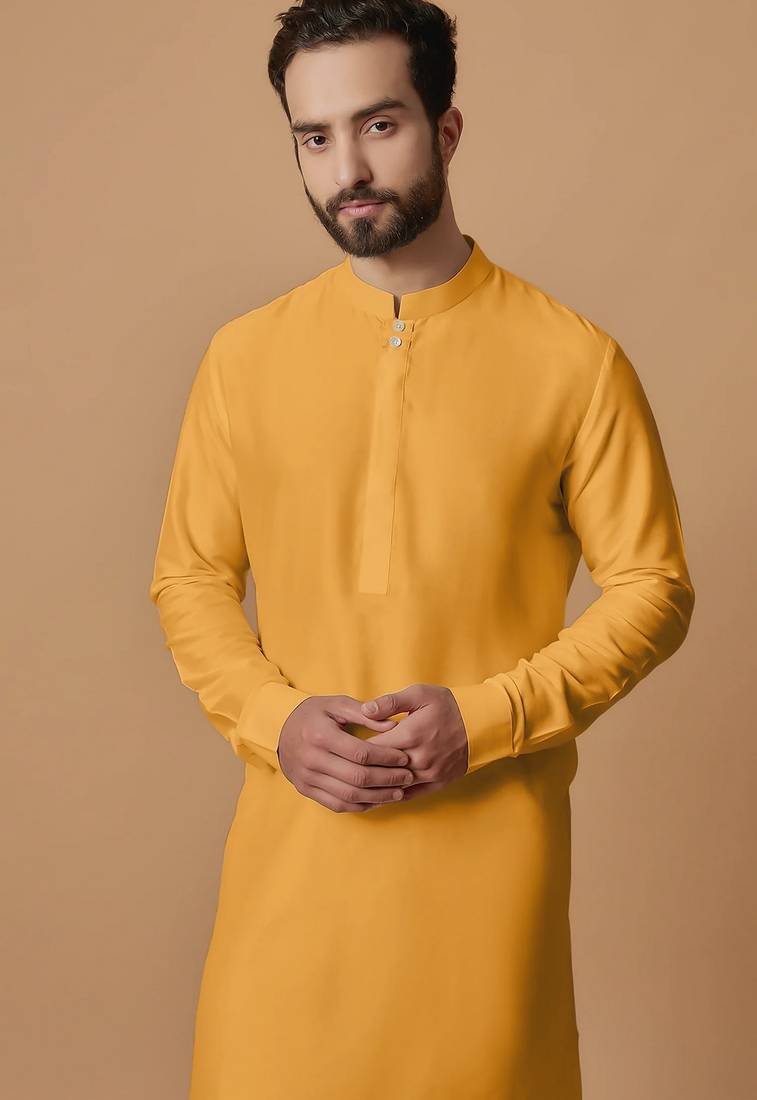 Elegant mustard yellow cotton men's kurta with cream pants