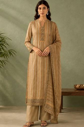 Women Striped Regular Thread Work Chanderi Silk Kurta with Trousers & With Dupatta